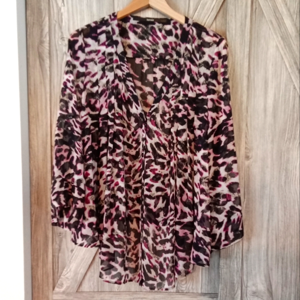 Kensie Black Pink Sheer Print Top XL